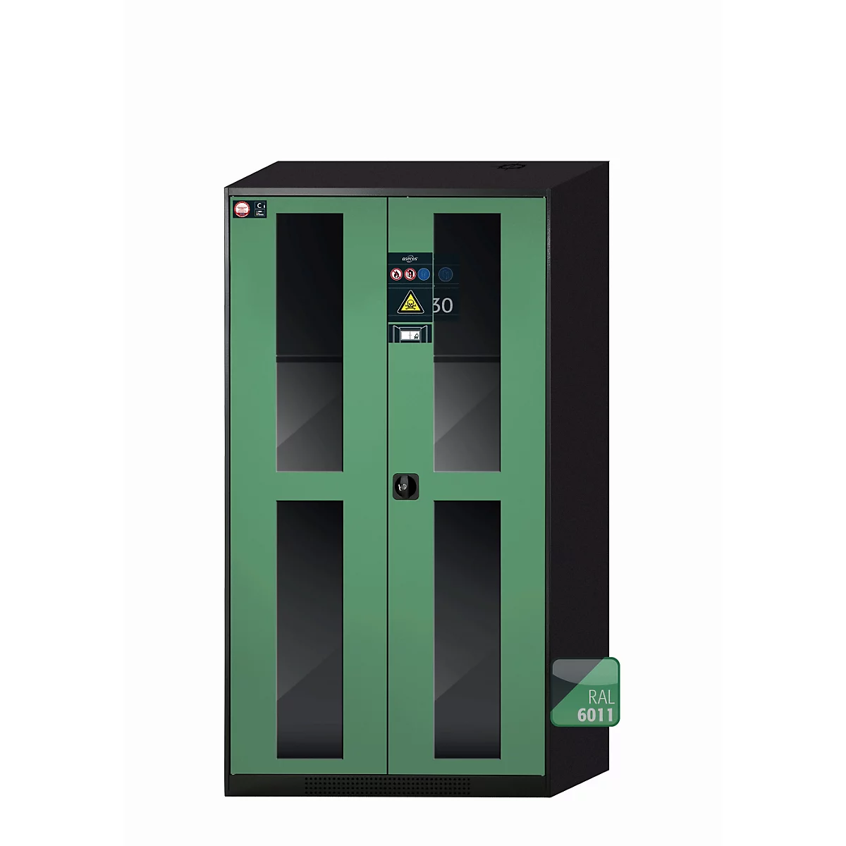 asecos CS-CLASSIC-GF chemische voorraadkast, scharnierende deuren met glazen uitsparing, reseda groen front, B 1055 x D 520 x H 1950 mm
