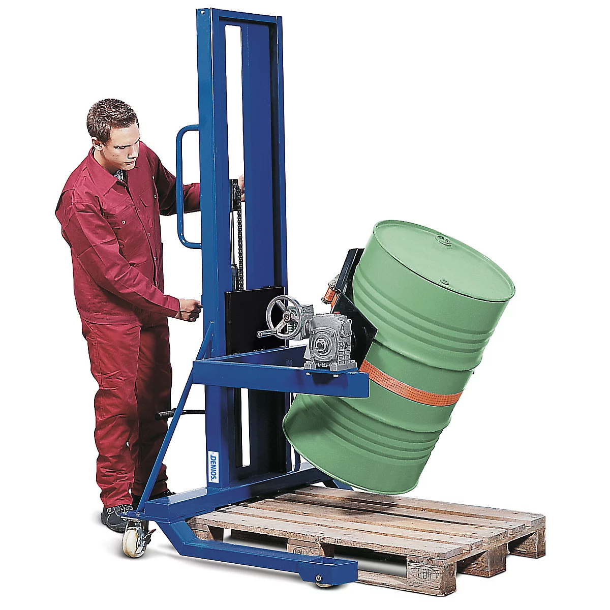 Asecos de levage de fûts, avec mâchoires prismatiques, L 1200 x H 2135 x P 1100 mm, course de 0 à 1400 mm, acier peint