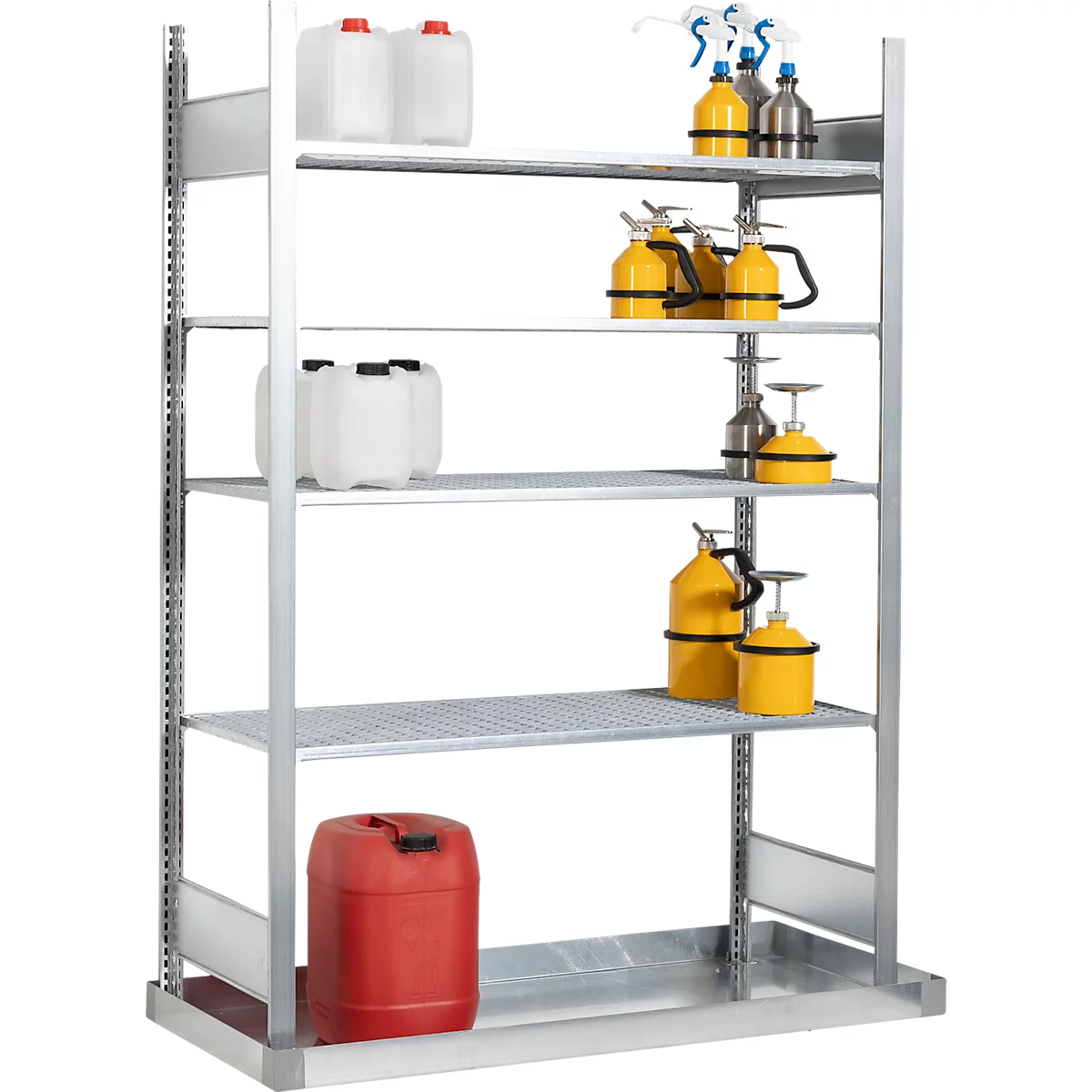 Metalen rek met chemische containers en spuitflessen.