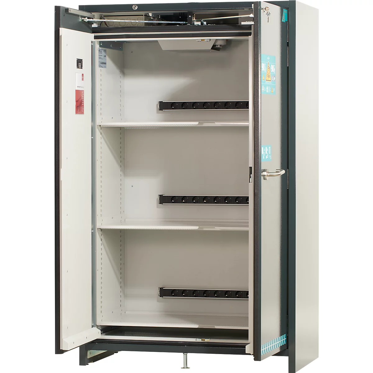 Offener Schrank mit drei Regalböden und Halterungen. Der Schrank ist leer und in Weiß und Grau gehalten.