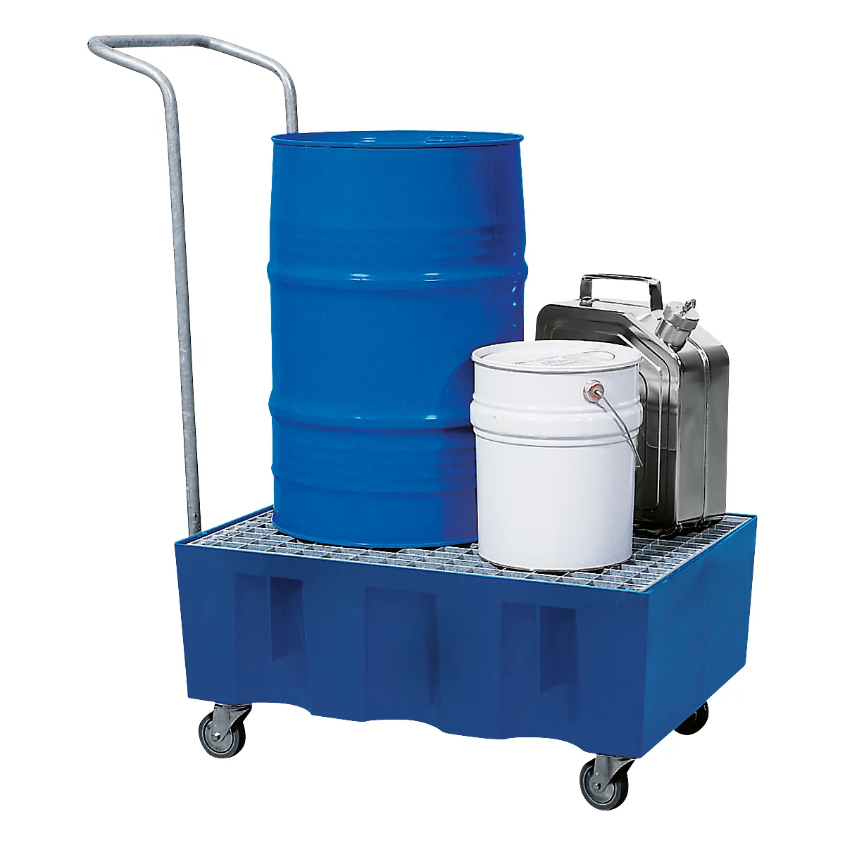 Blue drum truck with blue barrels, a white bucket, and a silver canister.