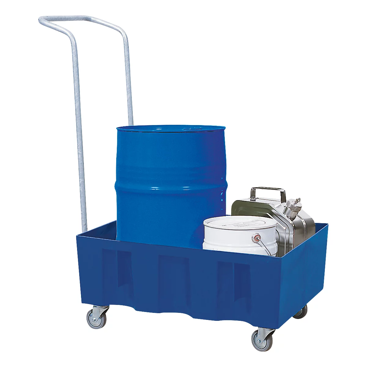 Blue cart with drum and containers. Gray handle and wheels.