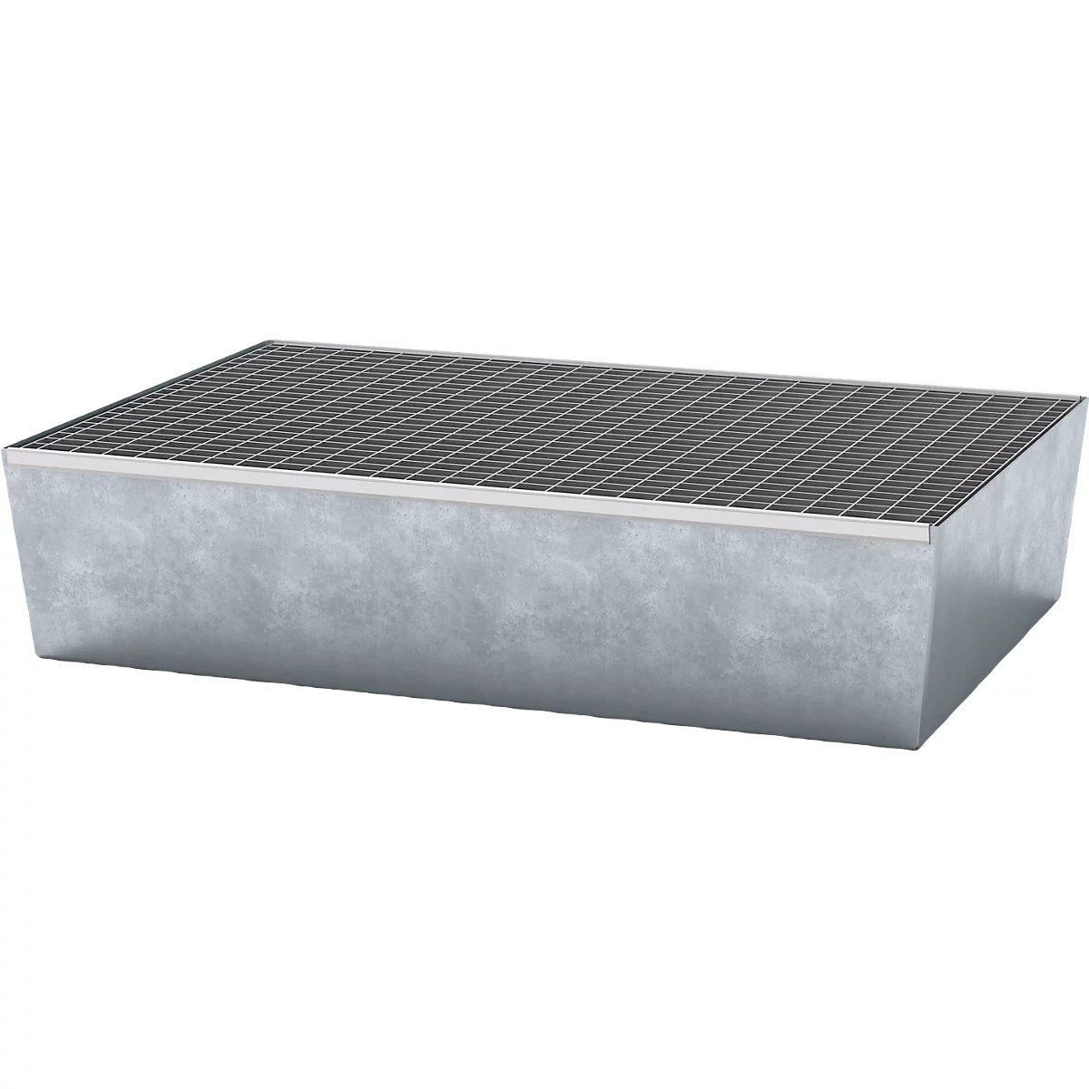 Rectangular gray metal trough with grate cover. Slight angle from the front.