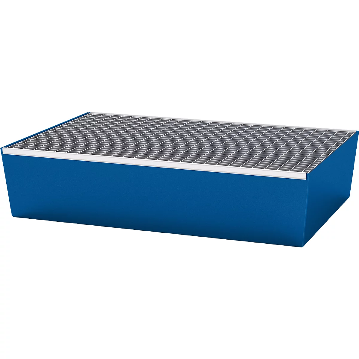Blue rectangular pool with a gray grate on top.