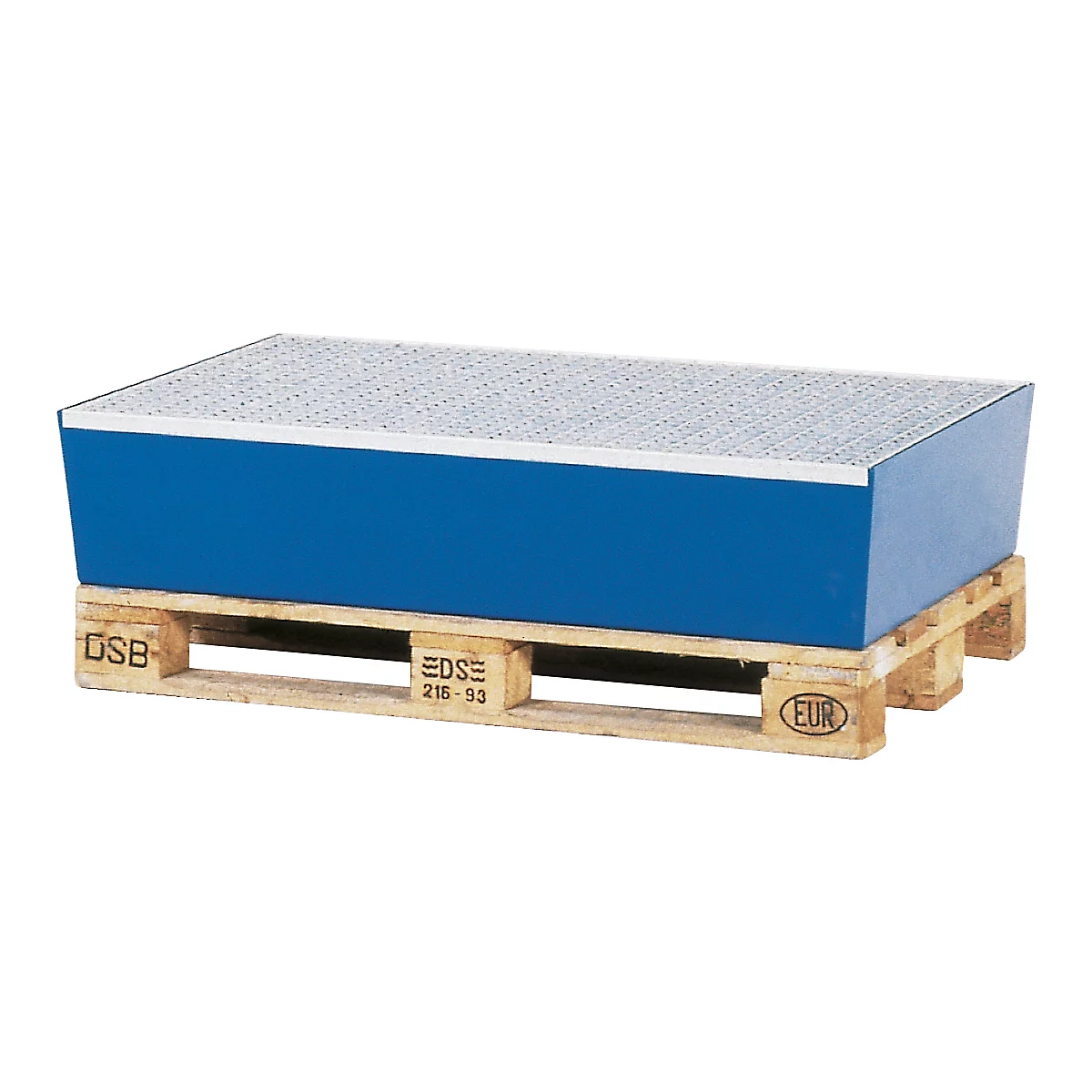Blue spill pallet with grid on a wooden pallet.