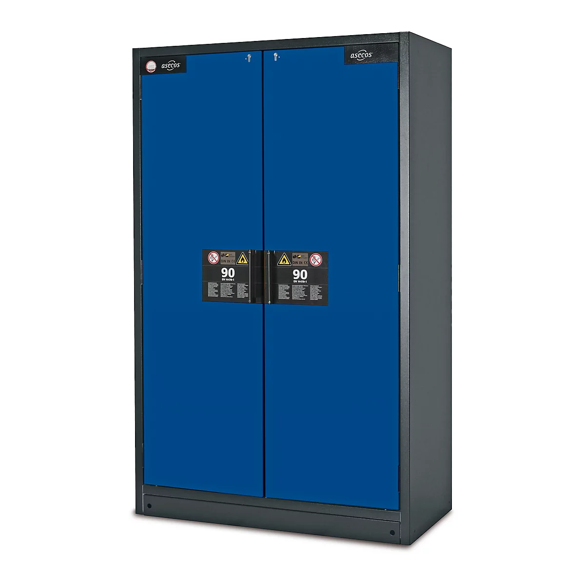 Blauwe brandwerende kast met twee deuren, gemarkeerd met '90'.