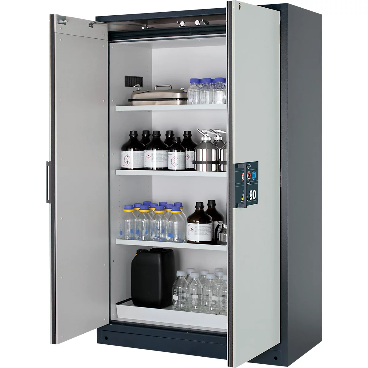 Veiligheidsstalen kast met open deuren, gevuld met flessen en containers.