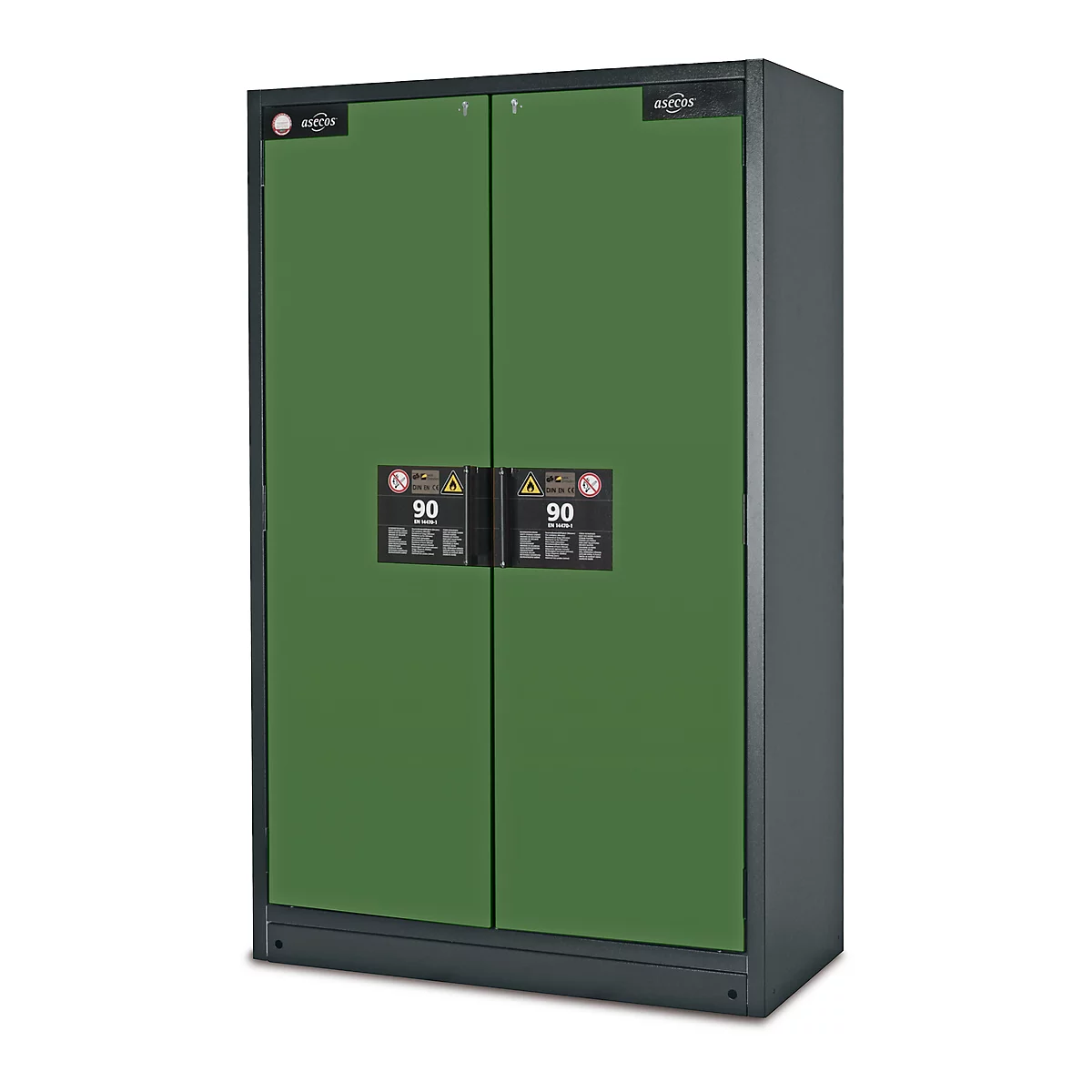 Groene kast met twee deuren en waarschuwingsborden. De kast is een product.