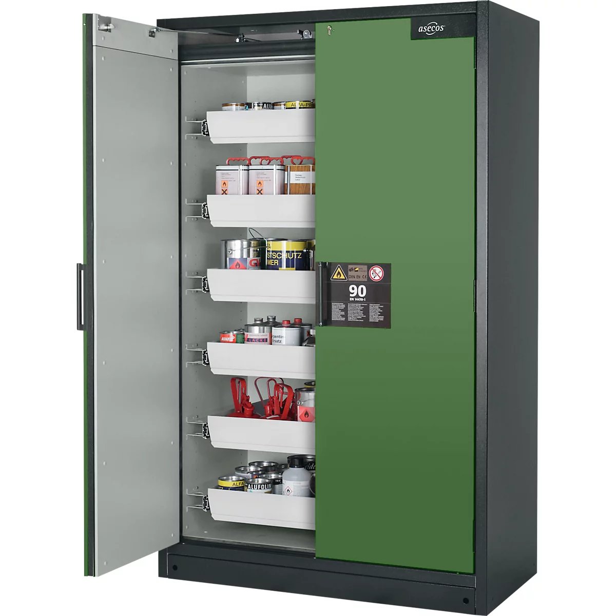 Groene stalen kast met open deur, planken binnen met verschillende materialen.