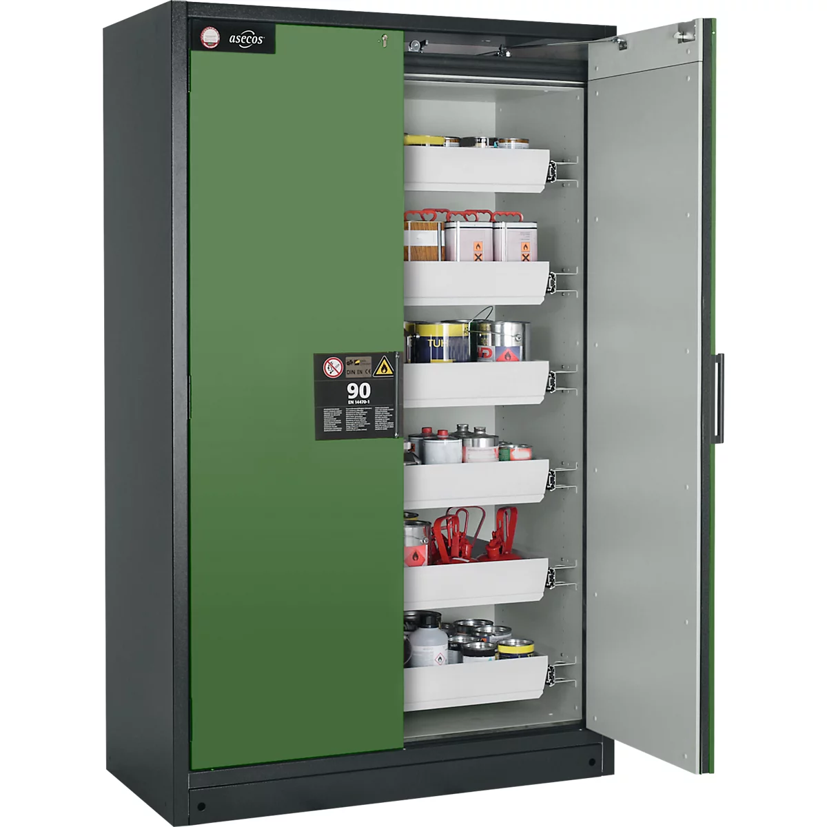 Groene veiligheidskast met open deur, gevuld met laboratoriumapparatuur. Kast heeft een '90'-label.