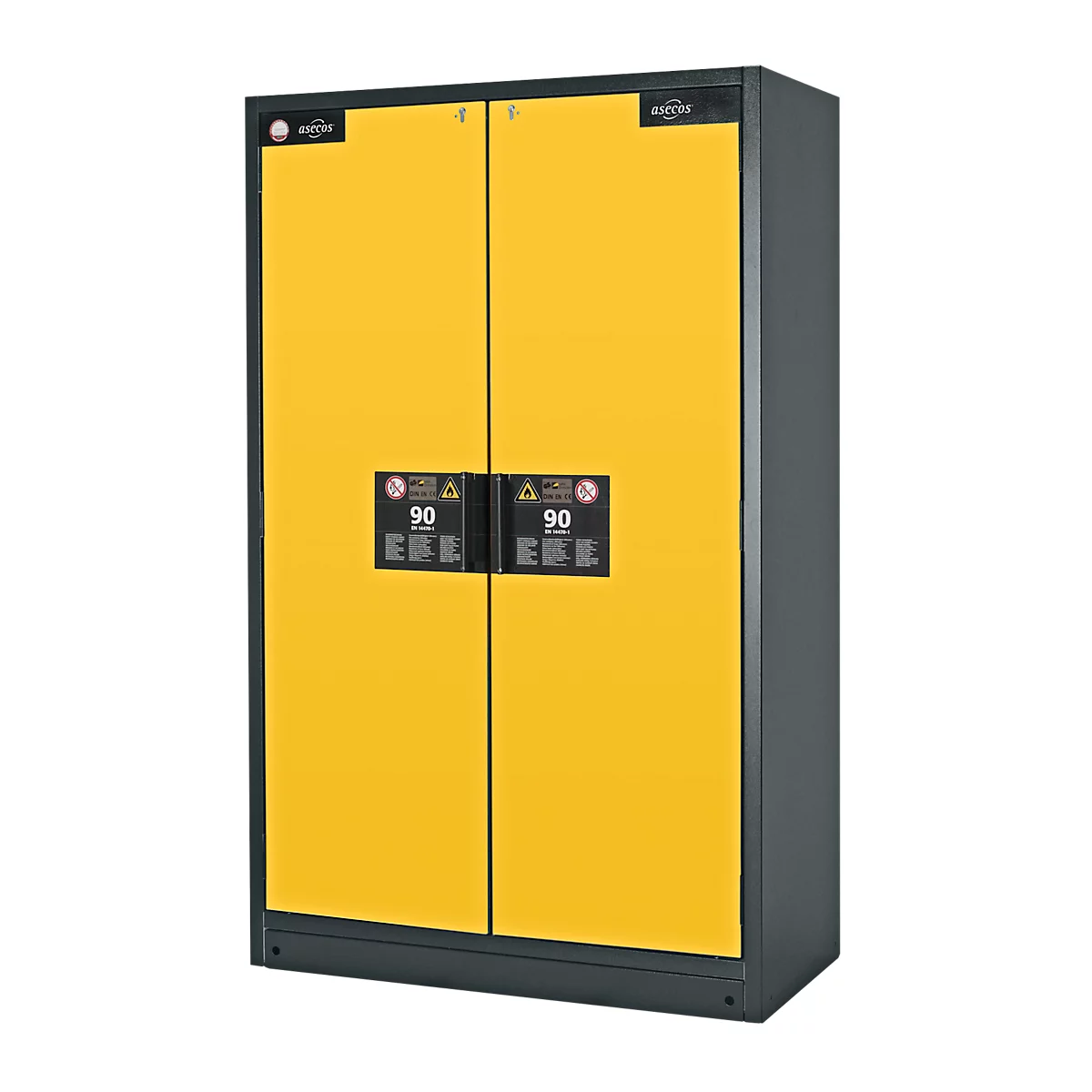 Geel en grijze kast met dubbele deuren en zwarte handgreep. Beide deuren tonen een "90" bord.