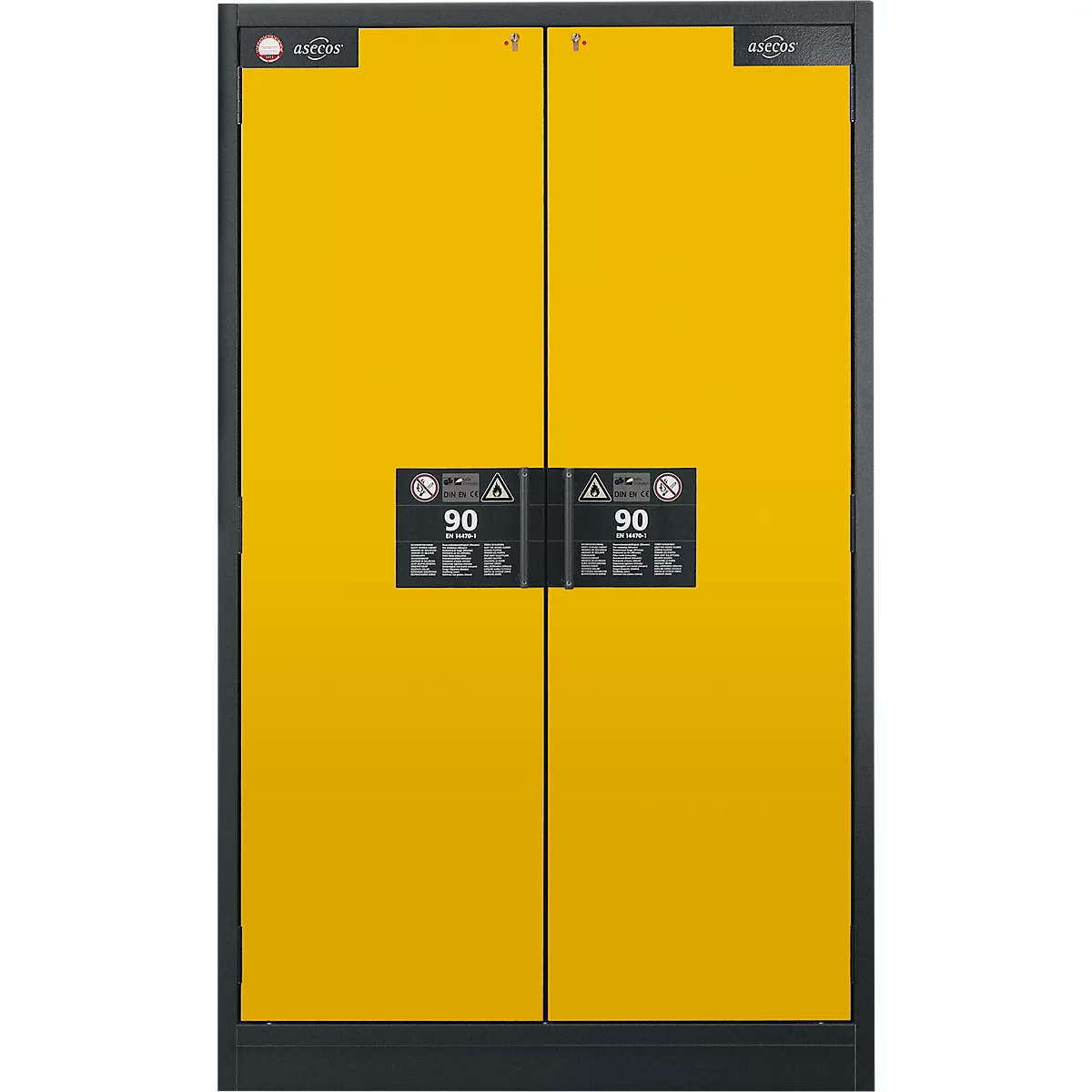 Gele dubbele deur met zwarte vierkanten met het nummer 90 erop.