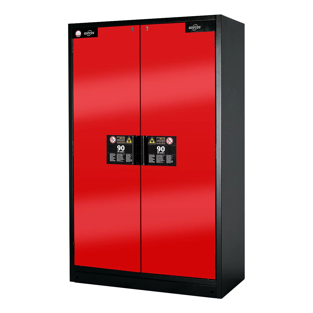 Rode brandwerende kast met zwarte kozijnen en deurgrepen. Bord met de tekst "90" en waarschuwingssymbolen.