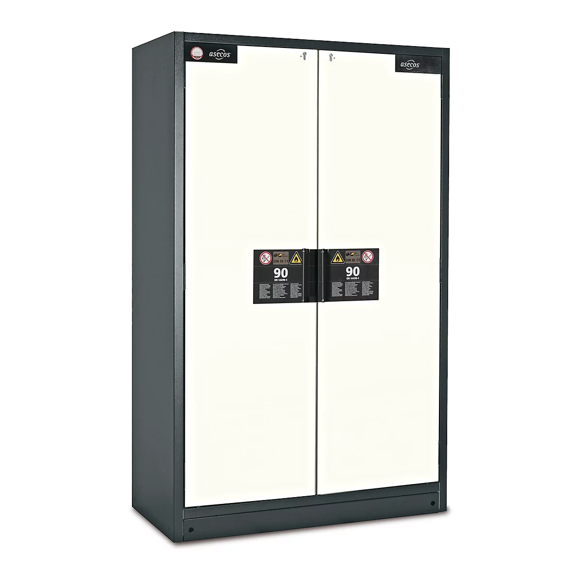 Witte brandwerende kast met twee deuren en zwart frame. De deuren dragen het 90-teken en waarschuwingen.