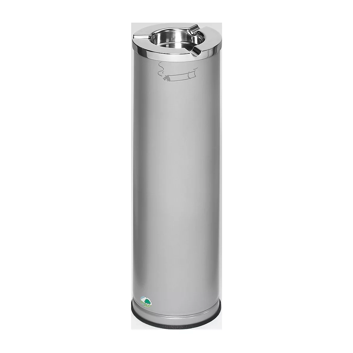 Cylindrical, silver ashtray with insertion slots and large lid.