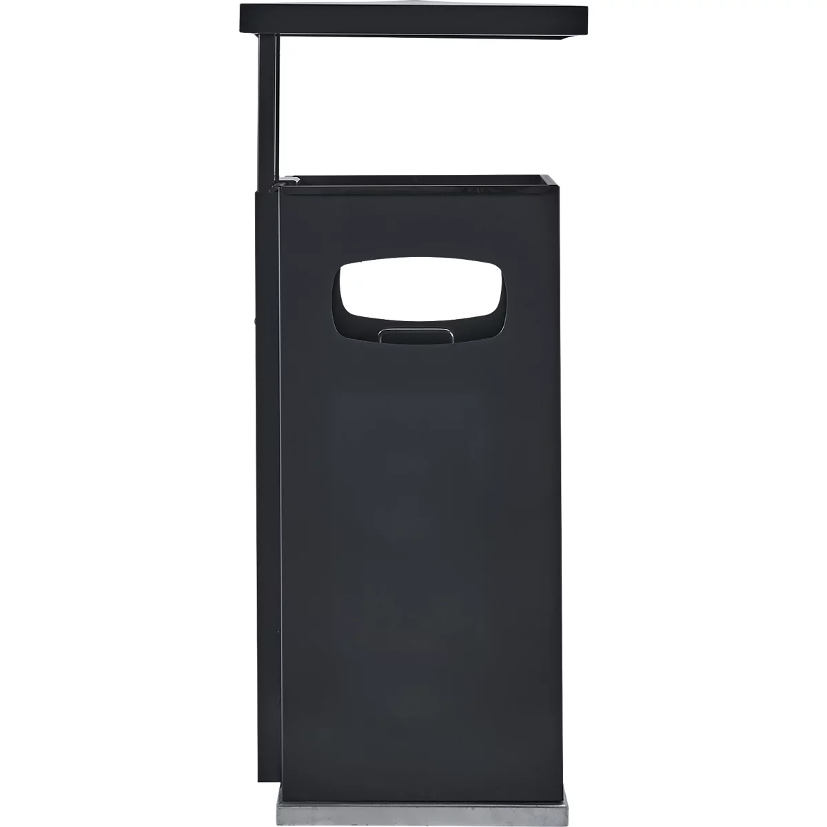 A black trash can with a rectangular opening and handle. Top with roof. Gray base.