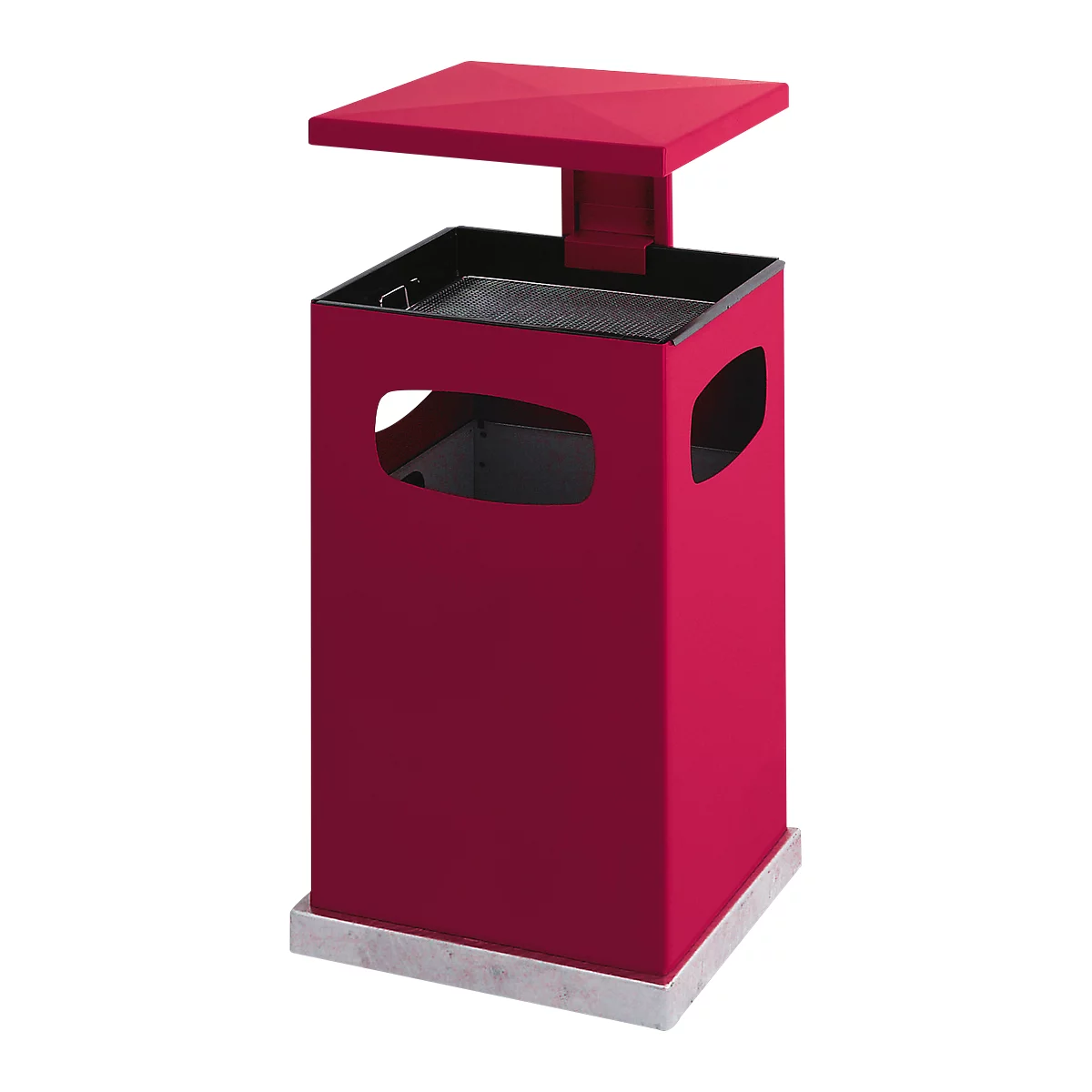 Red, square trash can with a lid. The trash can has side openings and stands on a light-colored base.