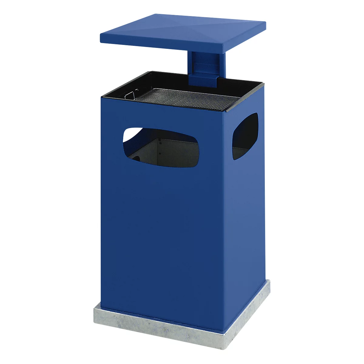 Blue trash can with lid and rectangular openings on the sides. Stands on a gray base.