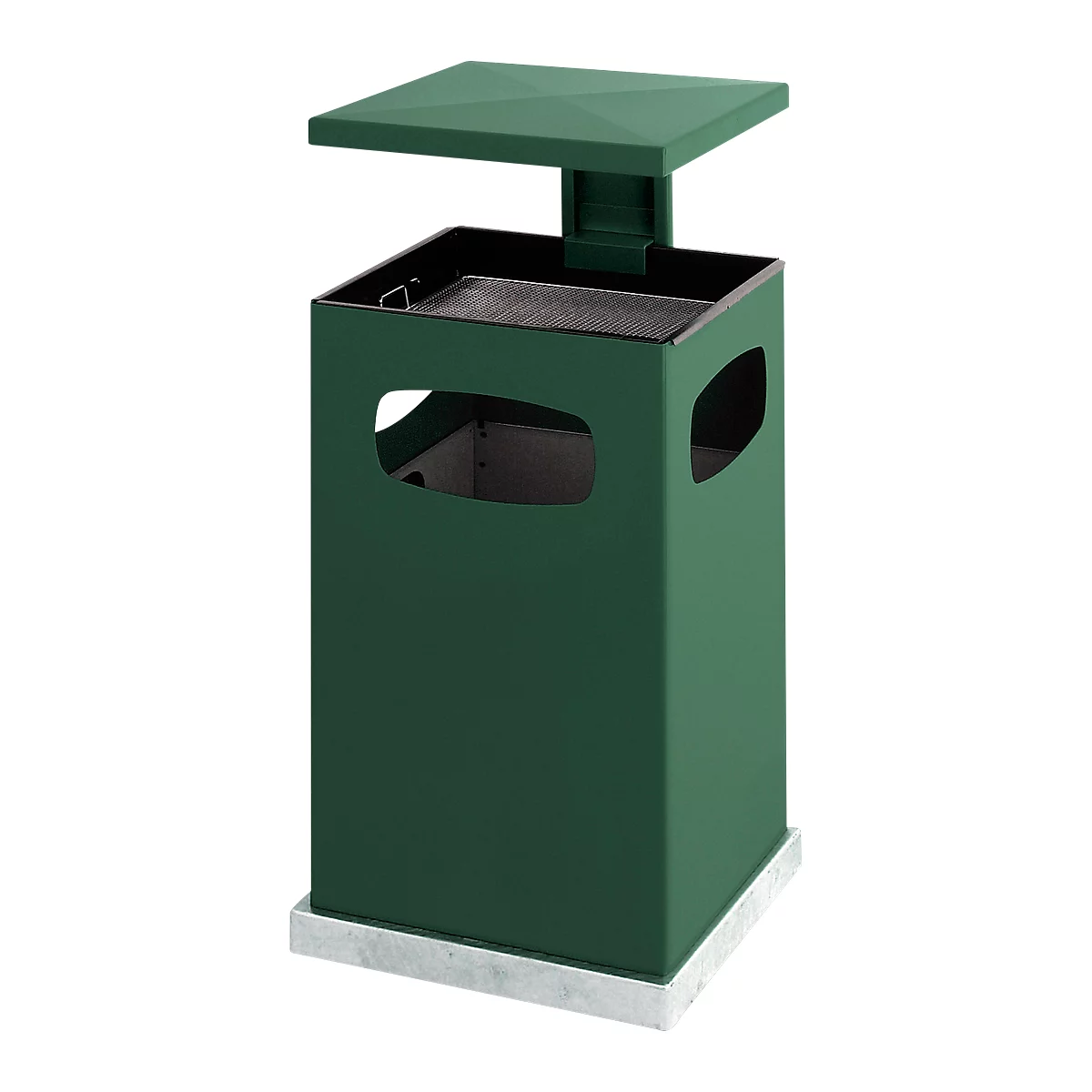 Dark green trash can with square shape and open lid. At the bottom a base made of stone.