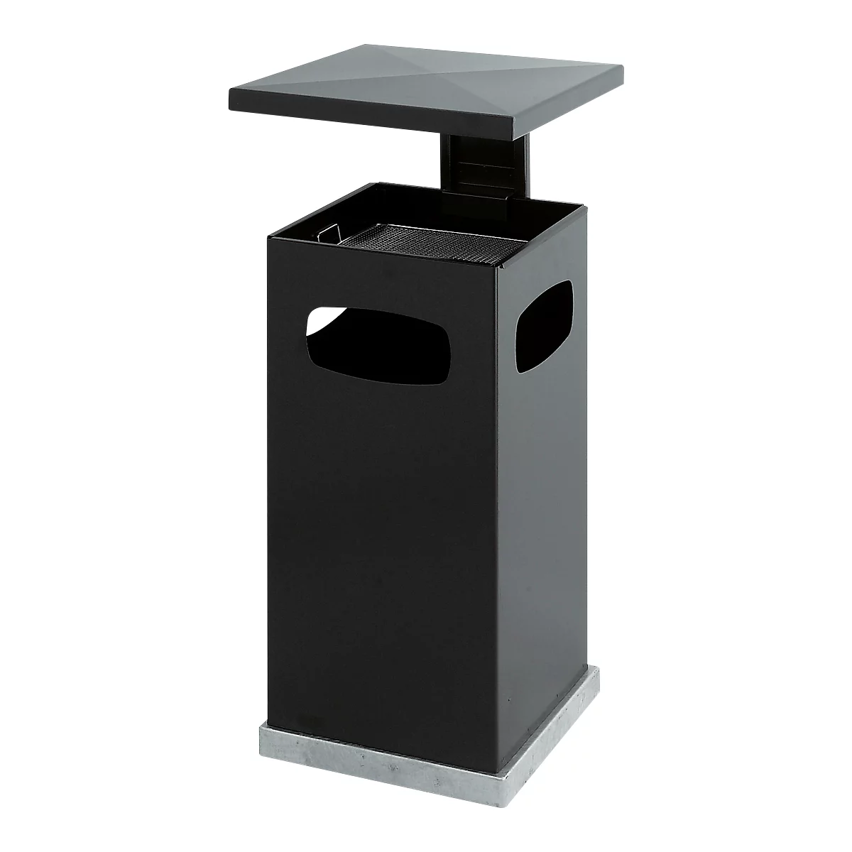 Black, square ashtray with lid. Rectangular base.