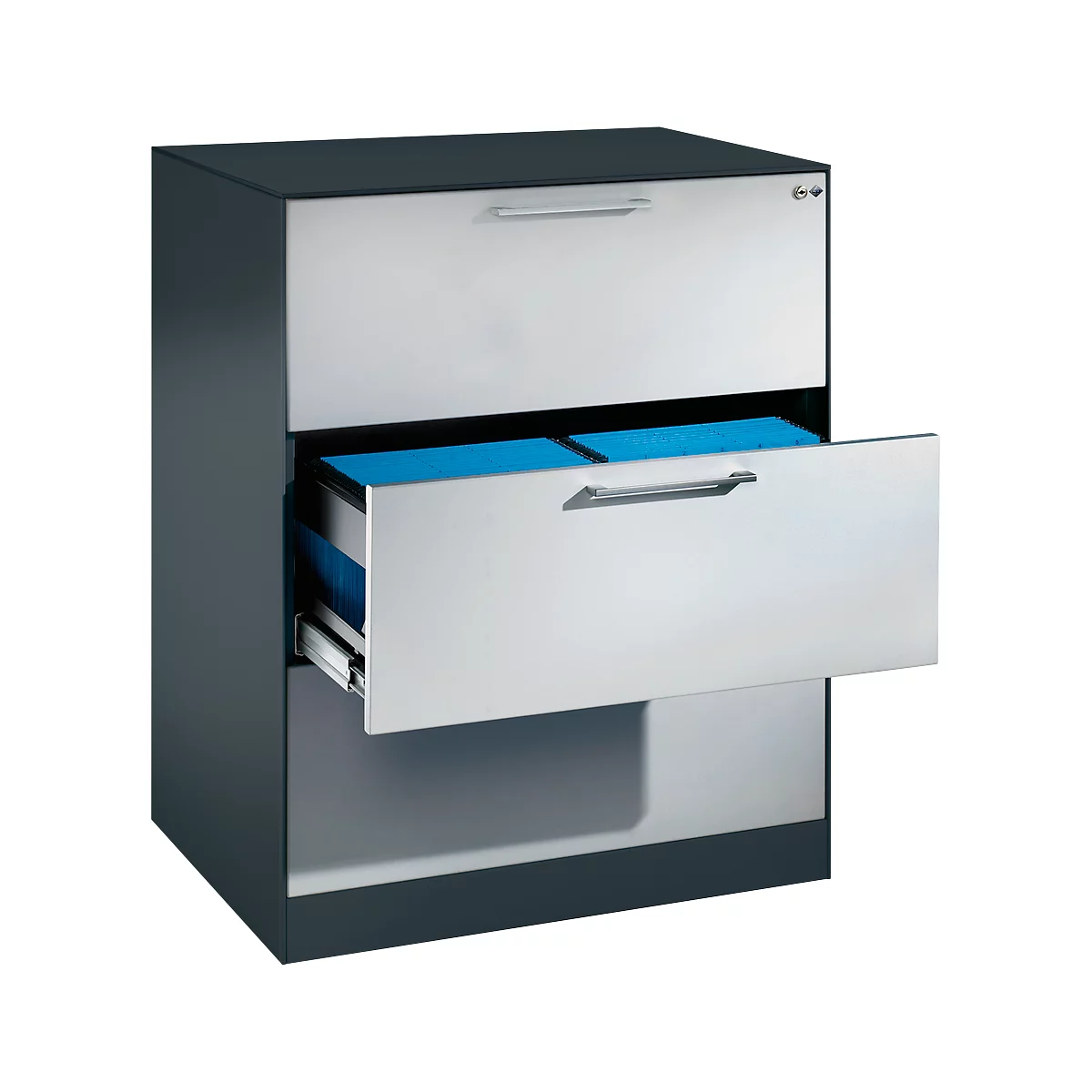 Black filing cabinet with two drawers, one open. Blue folders inside.
