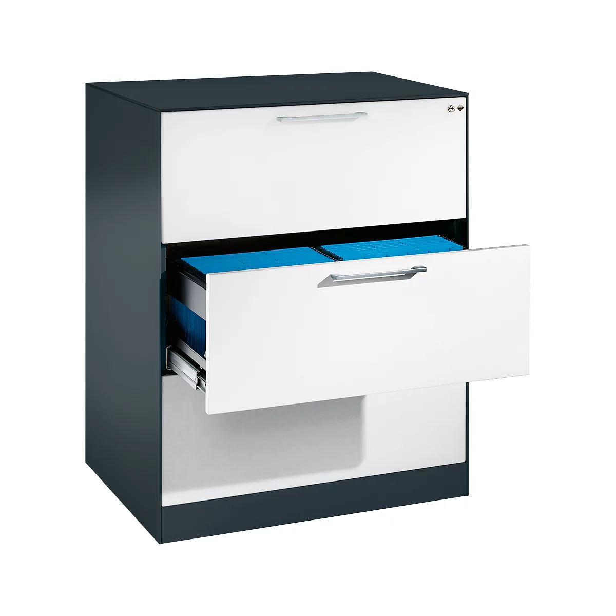 A two-tone filing cabinet, one drawer is open. The drawers are white, the cabinet is dark gray. Blue folders are visible.