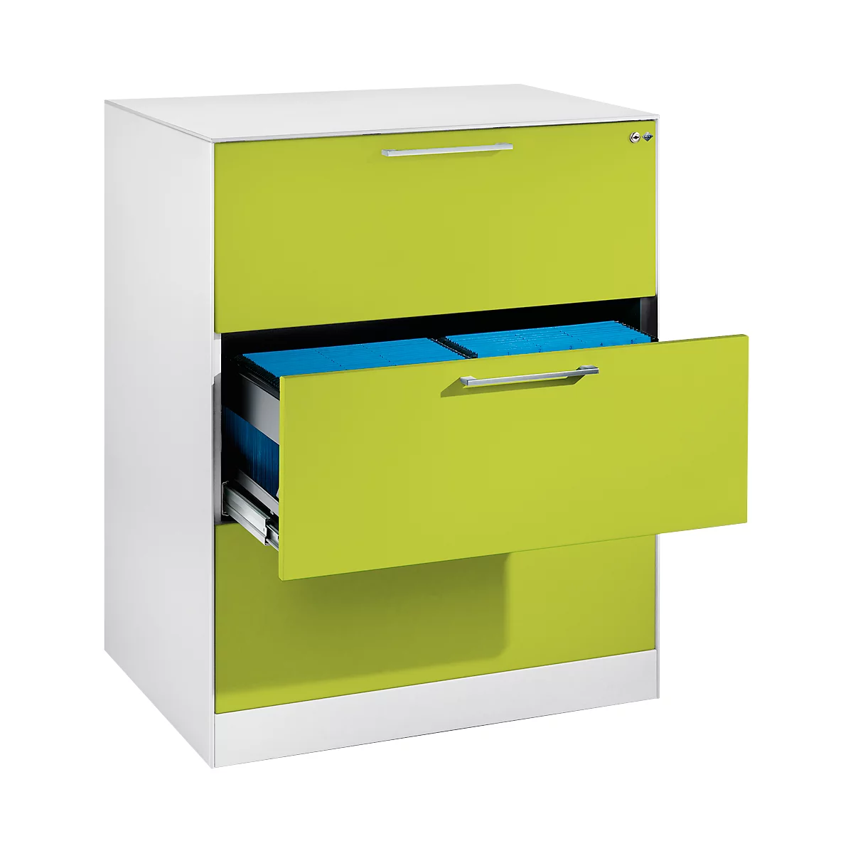 A white and green filing cabinet with two drawers, one open. The open drawer reveals blue folders.