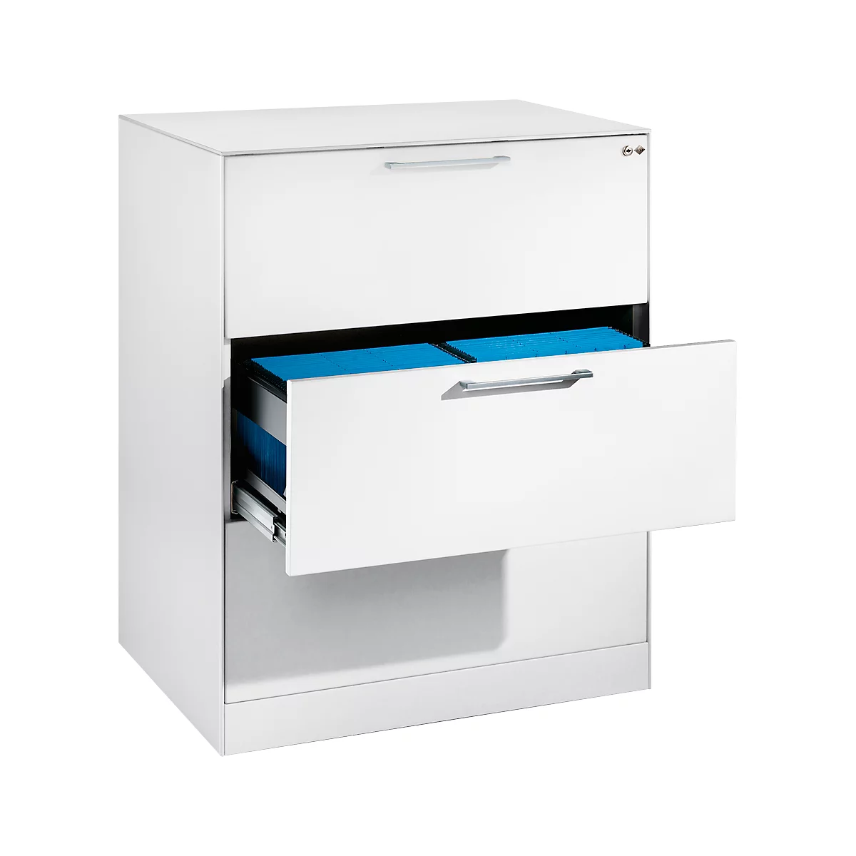 White filing cabinet with two drawers, one open. Blue paper in the drawers.