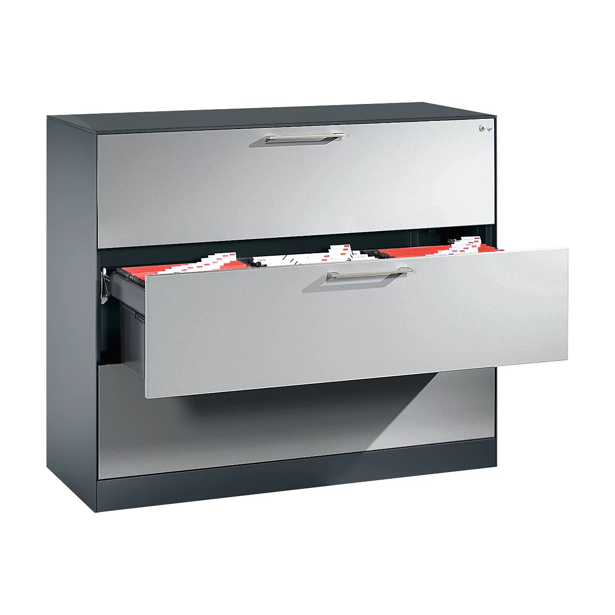 Gray metallic file cabinet with three drawers, one open showing red folders. Handle bars.