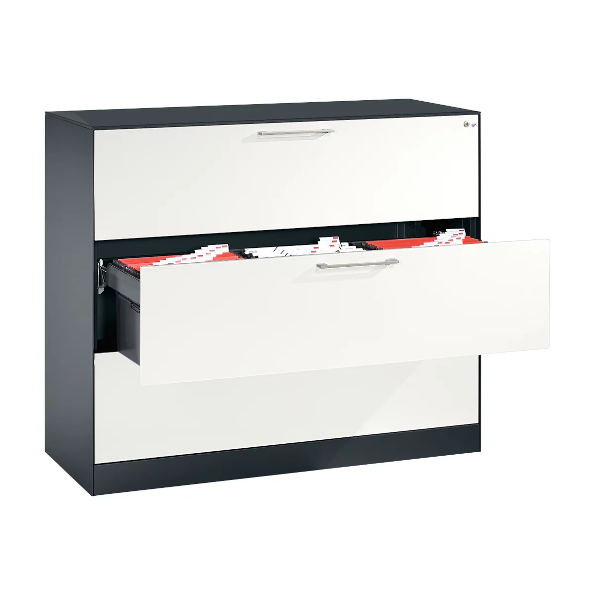 White filing cabinet with three drawers, one open, revealing red folders. Black body, silver handles.