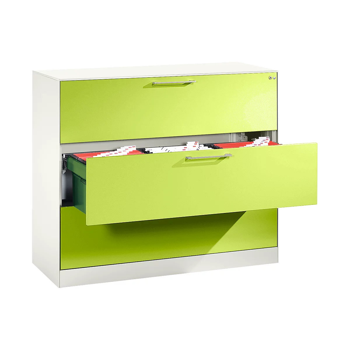 A green filing cabinet with an open drawer filled with files, against a white background.