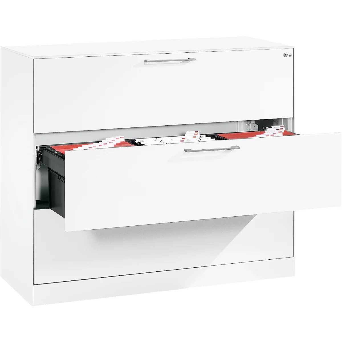 White two-drawer filing cabinet, one drawer open. Inside the open drawer are files.