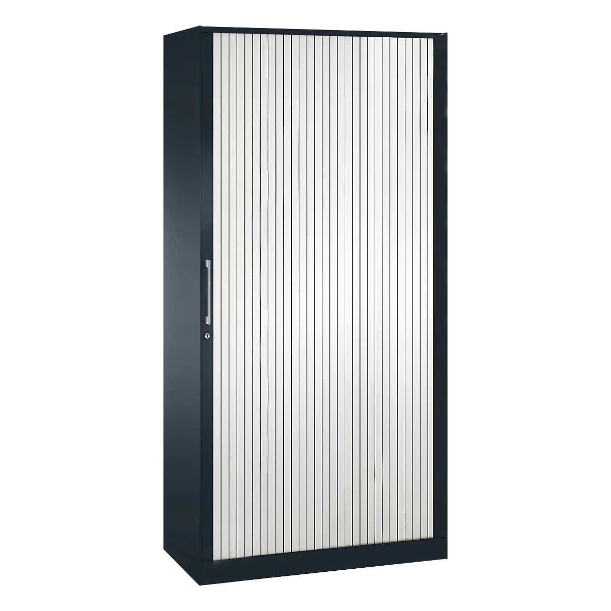 Dark grey cabinet with slatted sliding doors.