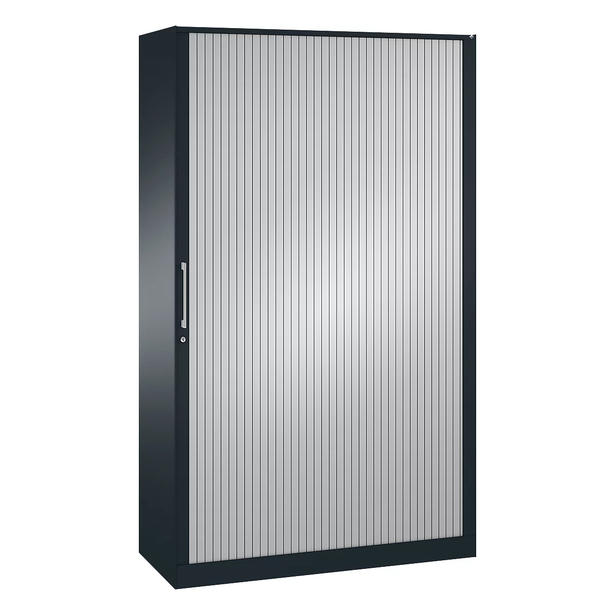 Dark gray cabinet with slatted front, handle and frame. The slats are light gray and vertically aligned.