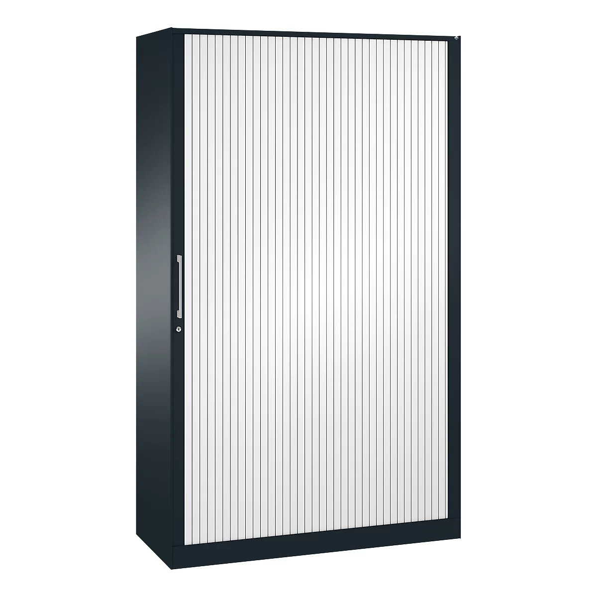 Dark blue cabinet with white roller shutter, vertically striped. The cabinet stands in front of a light background, handle on the left.