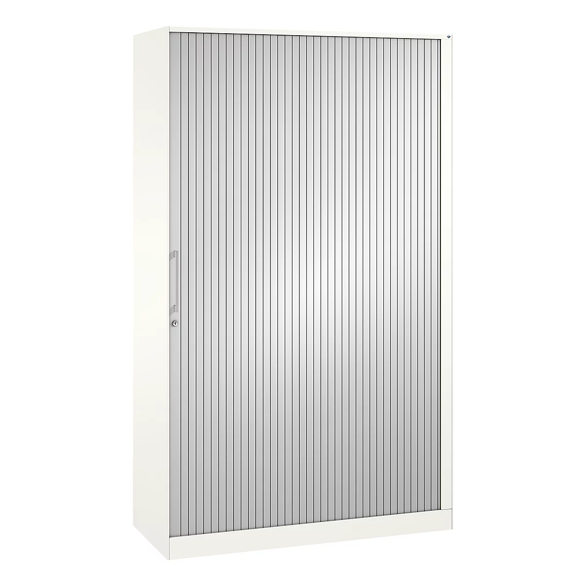 A white cabinet with a slat door. The cabinet has a handle and a lock.