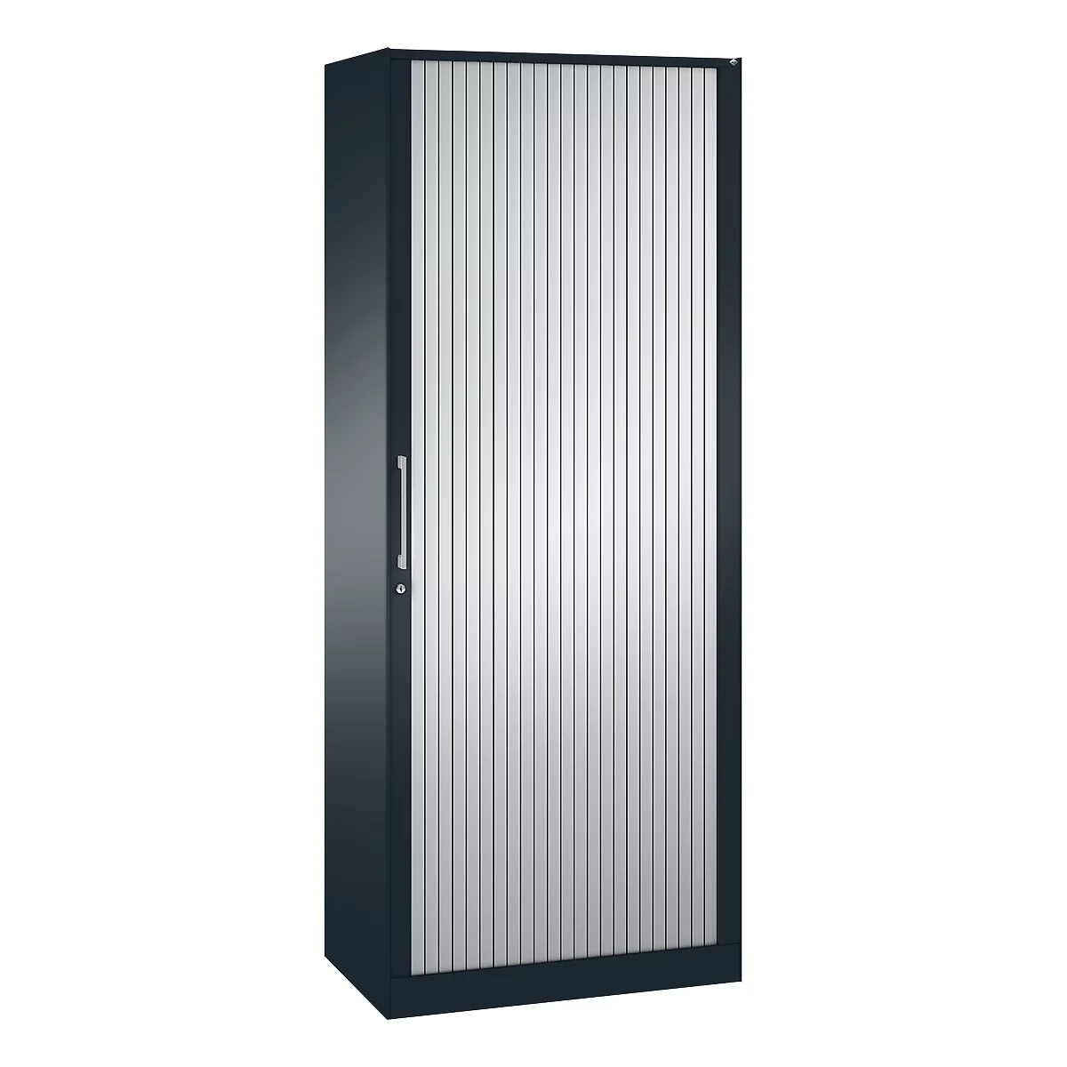 Dark grey filing cabinet with a slatted front and vertical handle.