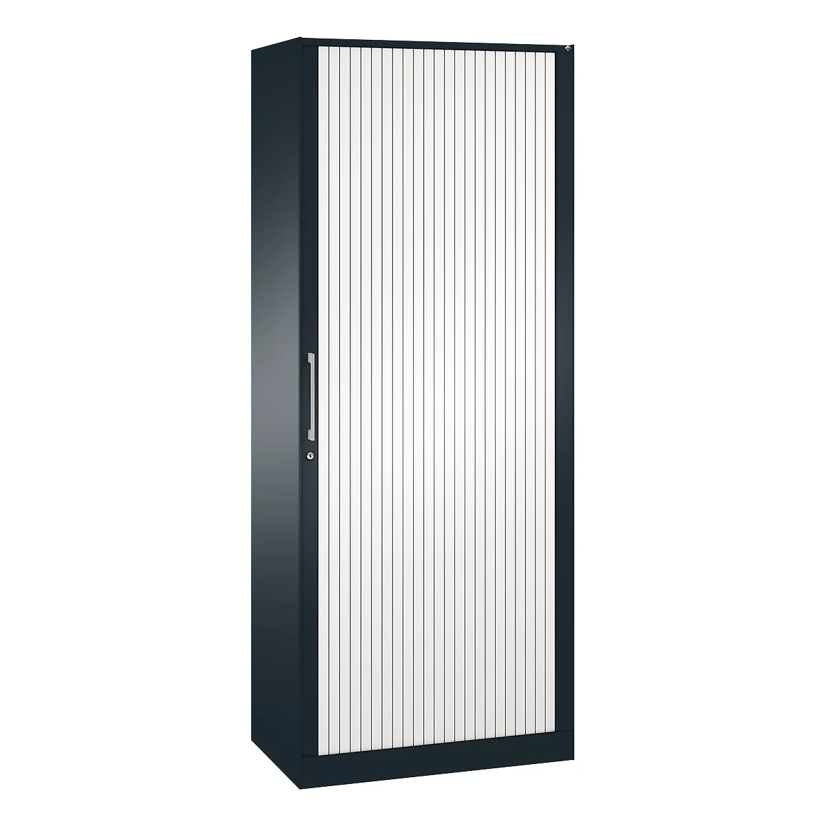 Dark grey cabinet with white slatted door and silver handle.