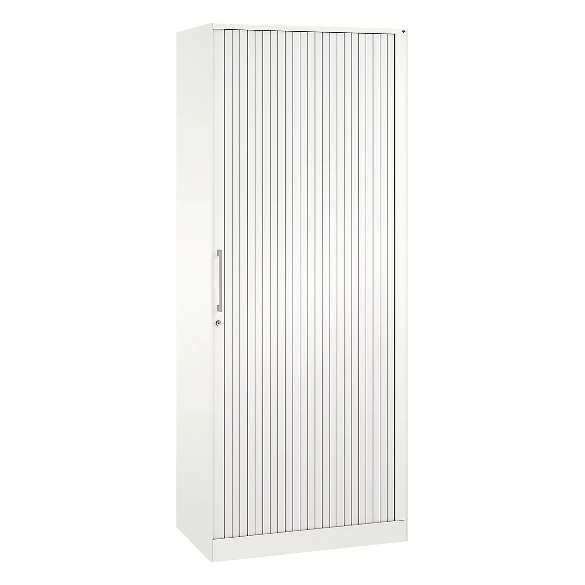 White cabinet with ribbed door and handle.