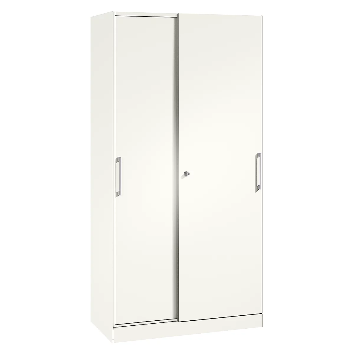 White closet with two sliding doors, silver handles, and a keyhole. Simple, minimalist design.