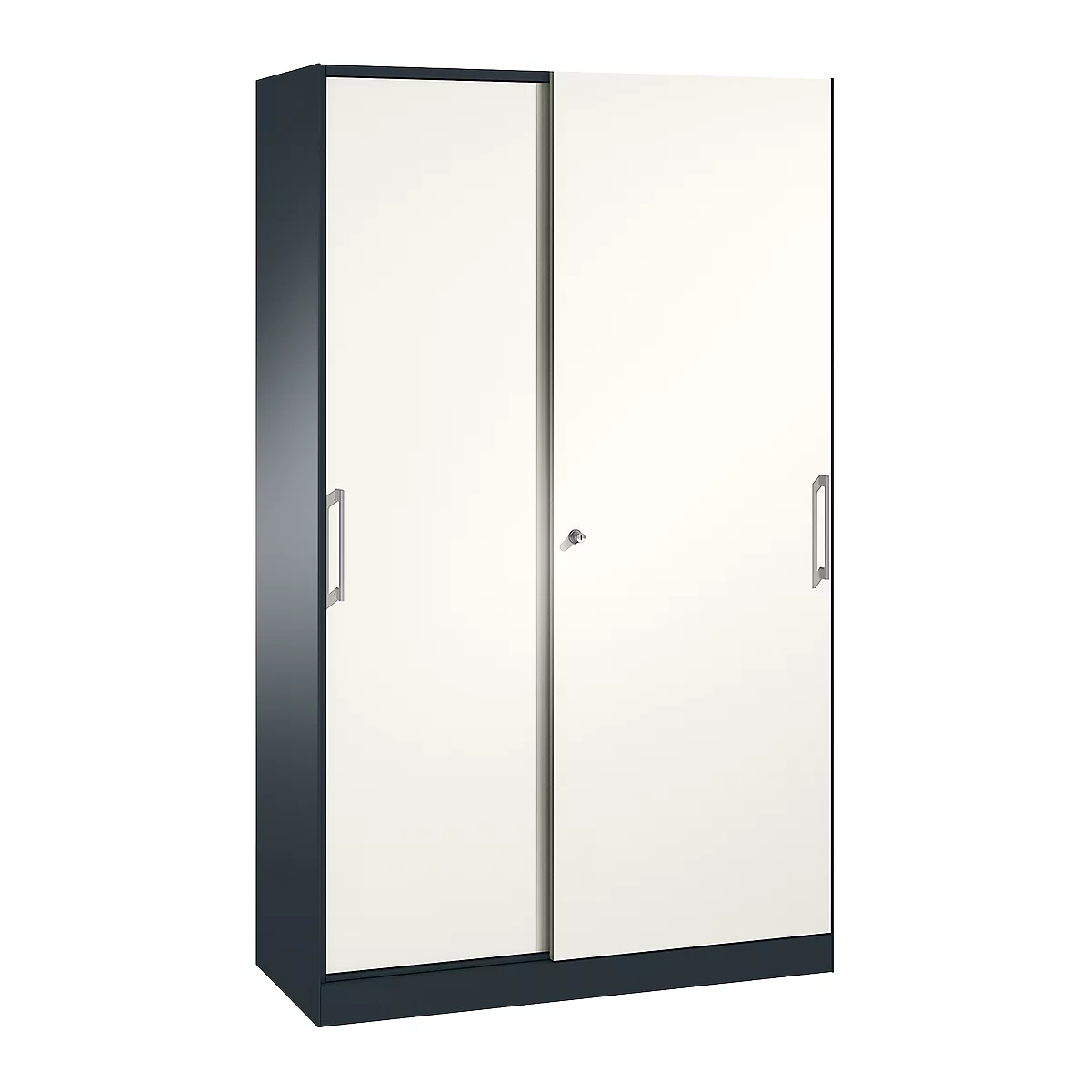 Dark blue cabinet with two cream-colored sliding doors and silver handles. A keyhole is in the middle.