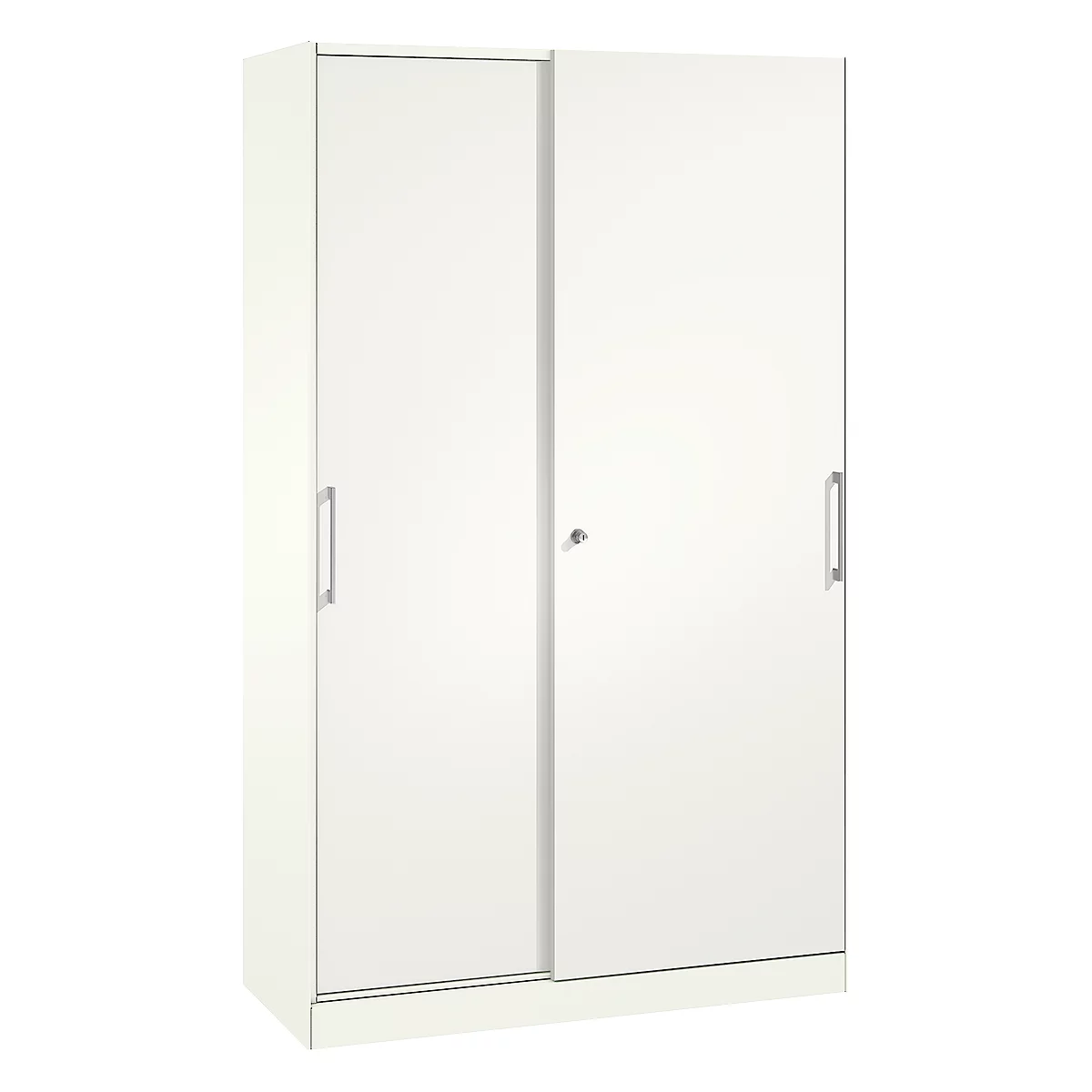 White wardrobe with sliding doors. Handle bars and lock are silver.