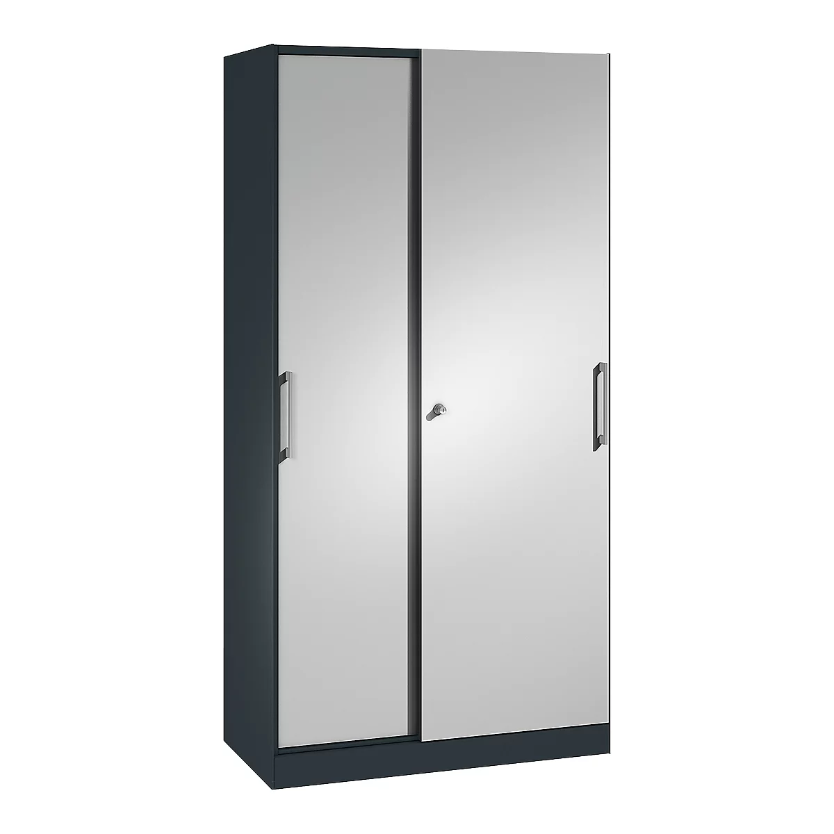 Dark blue cabinet with two sliding doors and silver handles. One door is slightly open.