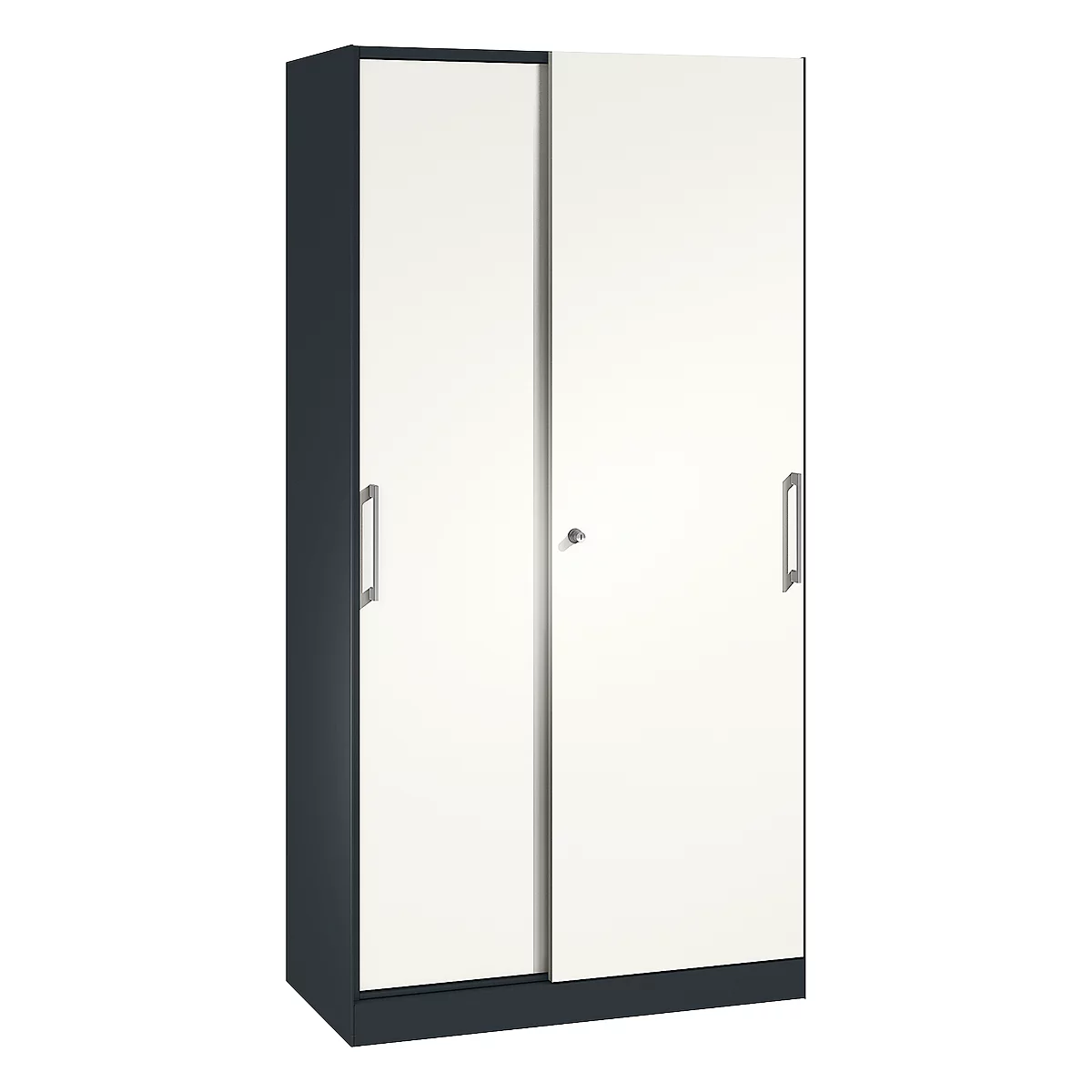 Dark grey cabinet with white doors, handles and a lock.