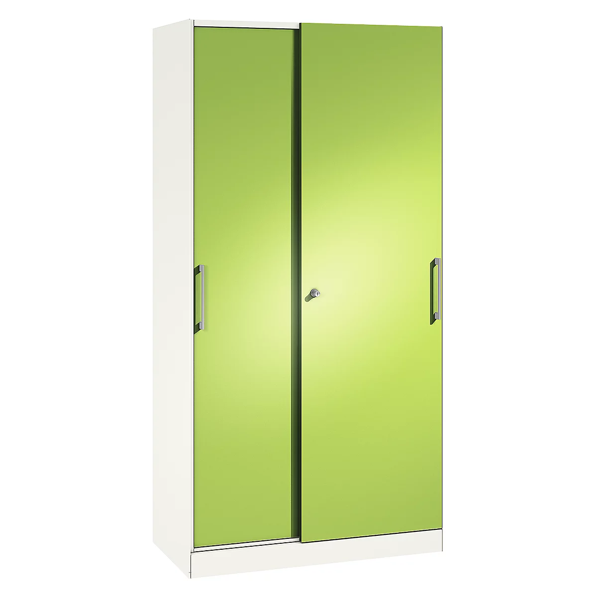 Wardrobe with two green sliding doors, white frame and narrow metal handles.