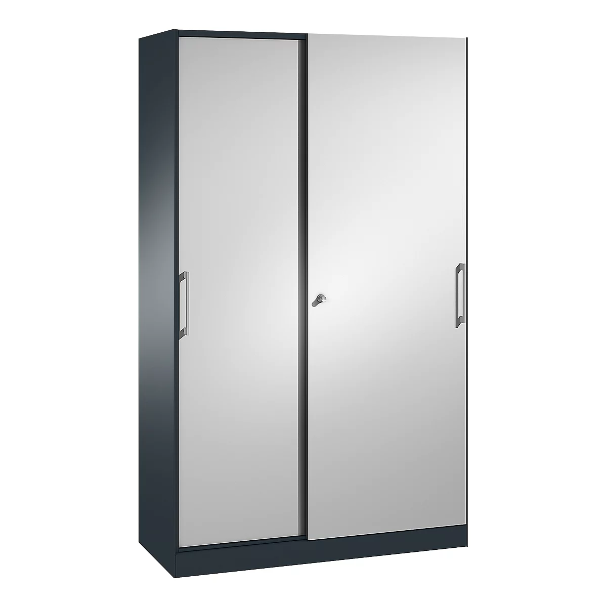Dark grey cabinet with two light grey sliding doors. Handle bars on the sides and lock in the middle.