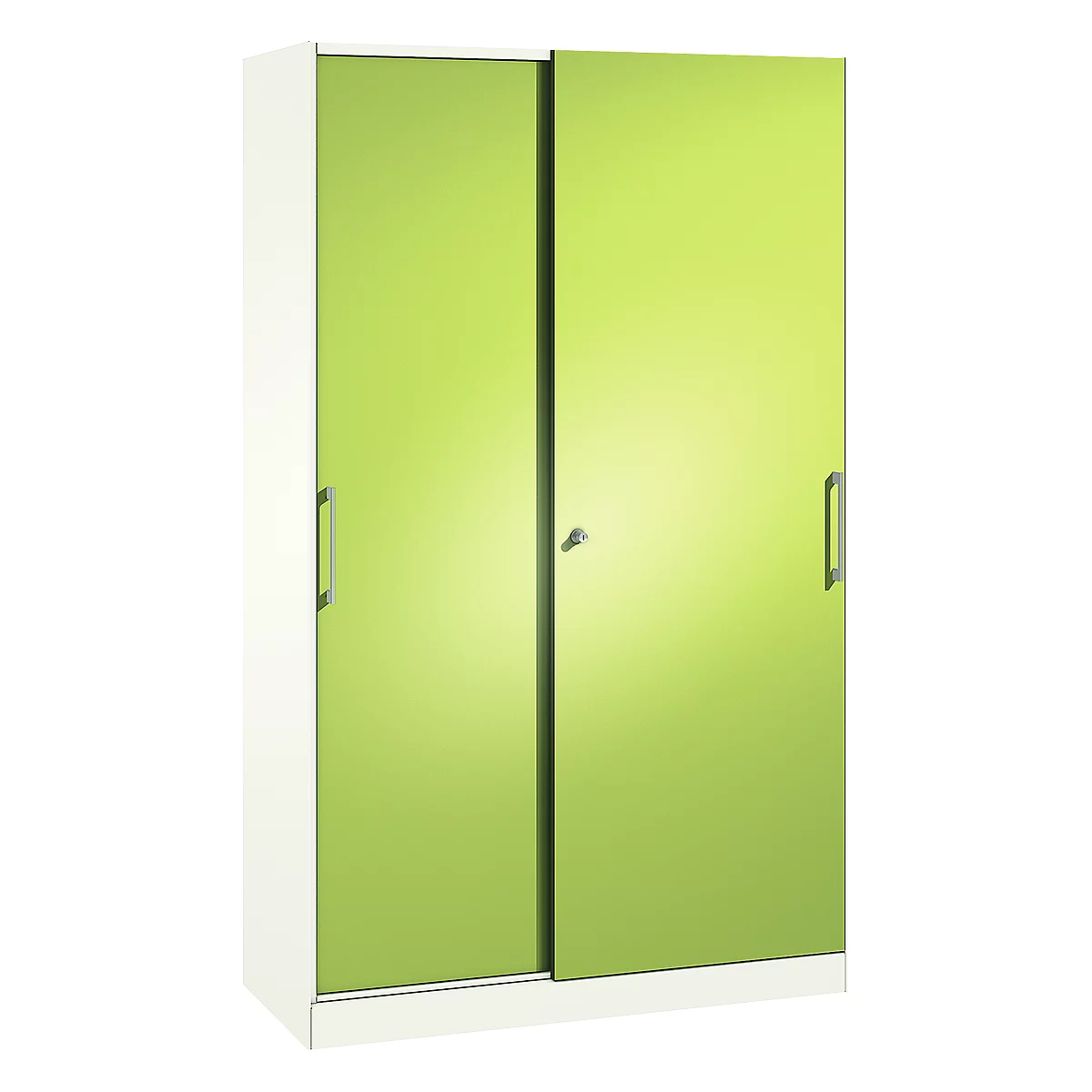 White cabinet with green sliding doors and silver handles.