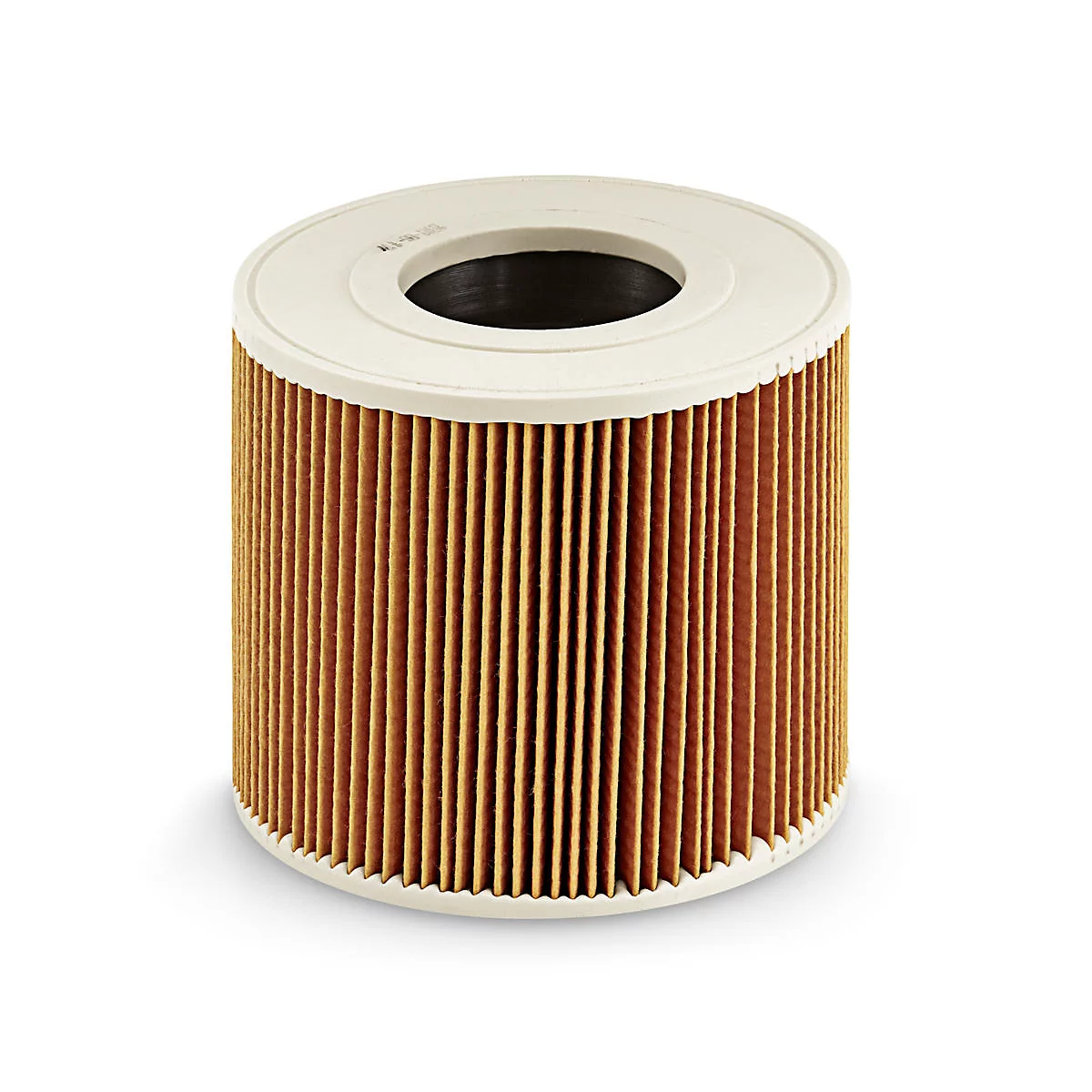 Filtro de aceite cilíndrico, papel dorado con tapa blanca. Un agujero oscuro en el medio de la parte superior.
