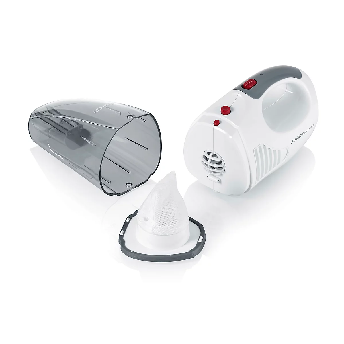 Aspirateur sans fil démonté : sac, boîtier et filtre, sur fond blanc.