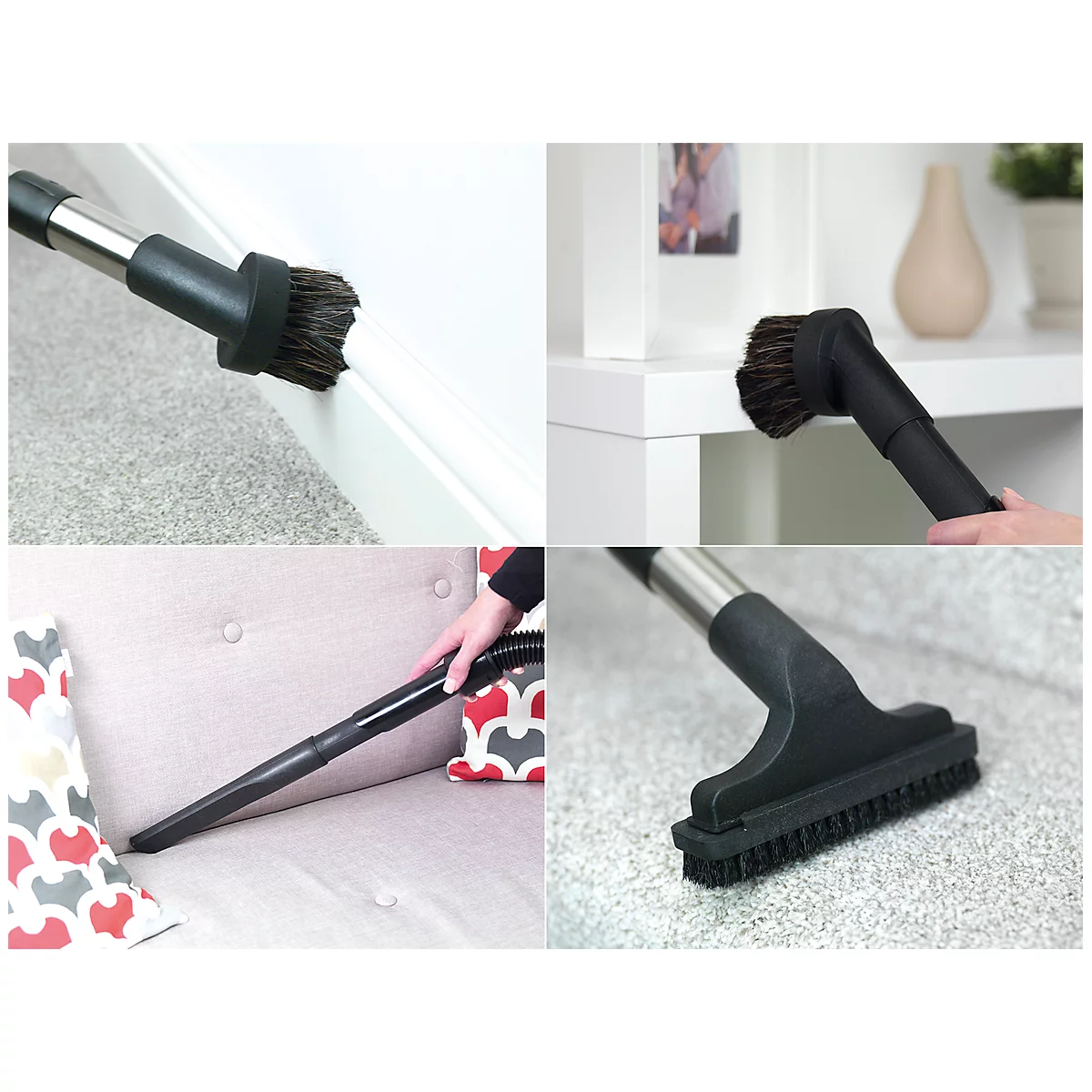 Diverses accessoires d'aspirateur en cours d'utilisation. Les brosses nettoient les plinthes, les coins, les canapés et les tapis.